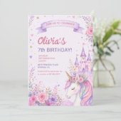 Purple Unicorn Girls 7th Birthday Einladung (Stehend Vorderseite)