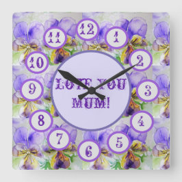 Purple Viola Watercolour Floral Acrylic Wall Clock Quadratische Wanduhr