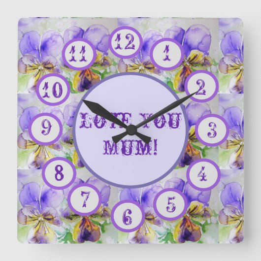 Purple Viola Watercolour Floral Acrylic Wall Clock Quadratische Wanduhr (Vorderseite)