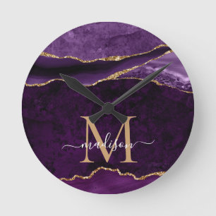 Purple Violet Gold Agate Geode Glitter Monogram Runde Wanduhr