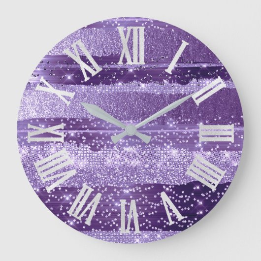 PURPLE VIOLET STROKES Glitter Gray Roman Numbers Große Wanduhr (Vorderseite)