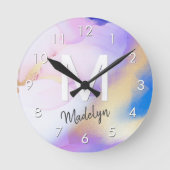 Purple Watercolor Abstract Girly Luxury Monogram Runde Wanduhr (Vorderseite)