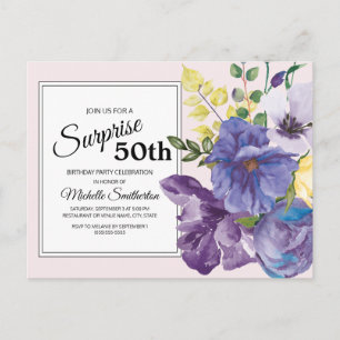 Purple Watercolor Floral on Pink 50th Birthday Postkarte