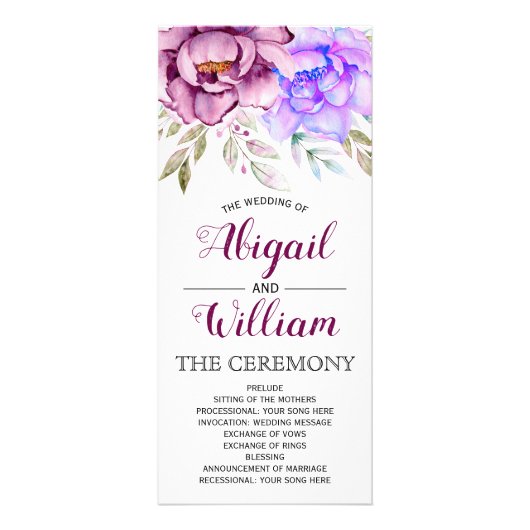 Purple watercolor flowers floral wedding program werbekarte (Vorne)