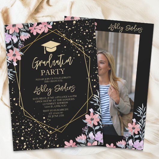 Purple watercolor flowers Graduation Einladung