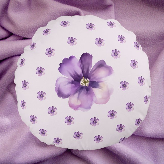 Purple Watercolor Flowers Round Pillow Rundes Kissen (Von Creator hochgeladen)