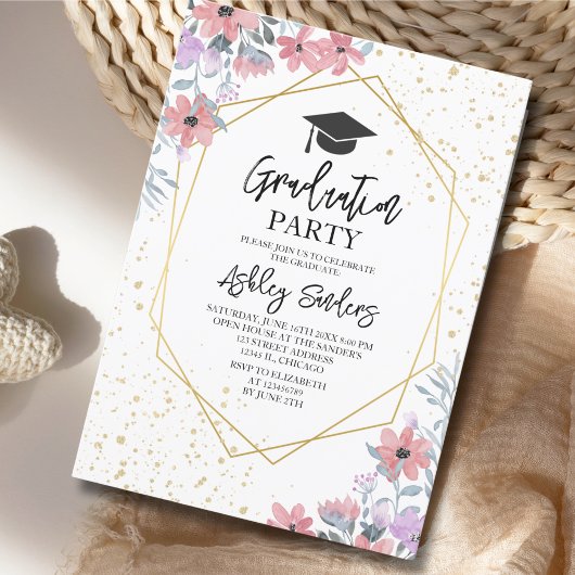 Purple watercolor flowers with gold Glitter Einladung