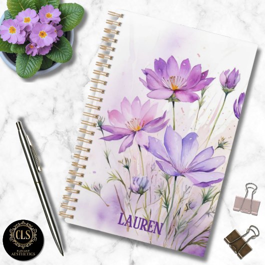 Purple Watercolor Wildflowers Minimalist Name Planer