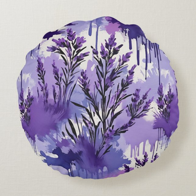Purple Watercolor with Florals Rundes Kissen (Rückseite)