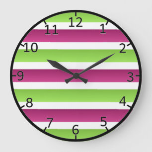 Purple/ White And Green Stripes Große Wanduhr