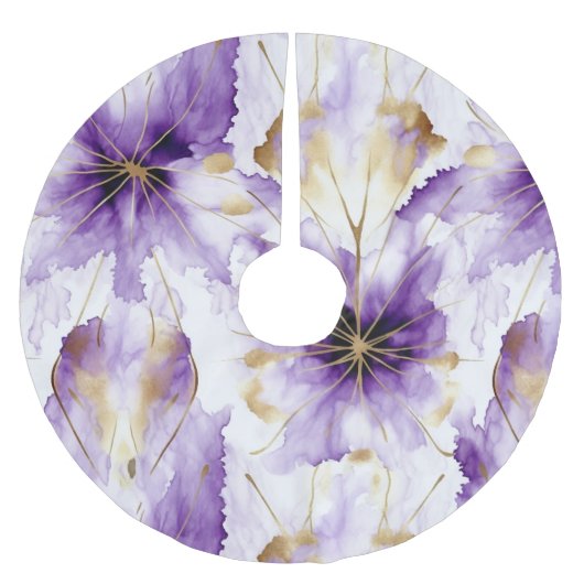 Purple White Gold Abstract Iris Floral Polyester Weihnachtsbaumdecke (Vorderseite)