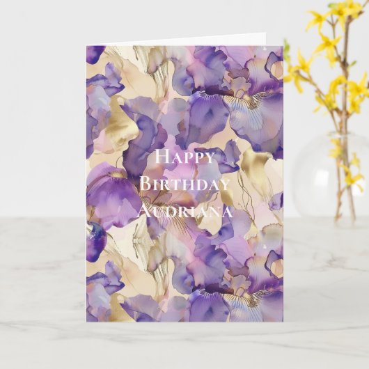 Purple White Gold Abstract Iris Flowers Birthday Karte (Gelbe Blume)