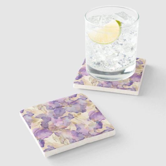 Purple White Gold Iris Floral Abstract Steinuntersetzer (Seitenansicht)