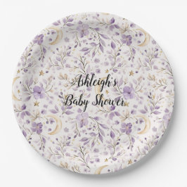 Purple White Moons & Stars Floral Baby Shower Pappteller