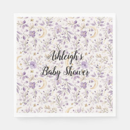 Purple White Moons & Stars Floral Baby Shower Serviette