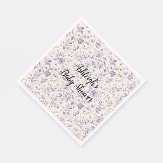 Purple White Moons & Stars Floral Baby Shower Serviette (Ecke)