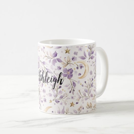 Purple White Moons & Stars Floral Kaffeetasse (VorderseiteRechts)