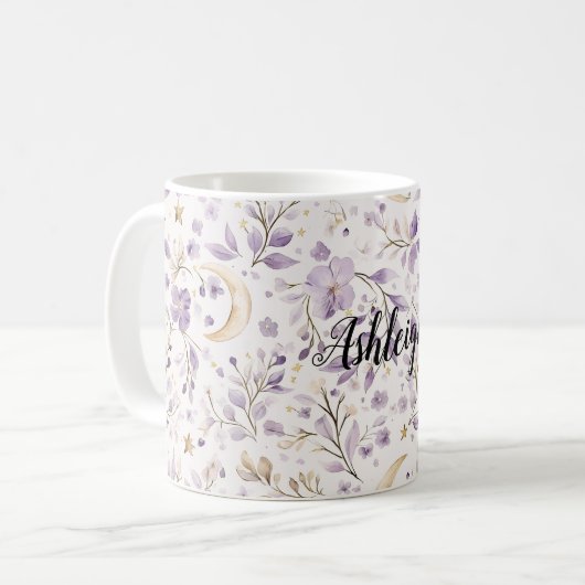 Purple White Moons & Stars Floral Kaffeetasse (Vorderseite Links)