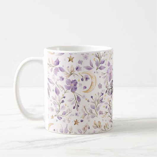 Purple White Moons & Stars Floral Kaffeetasse (Links)