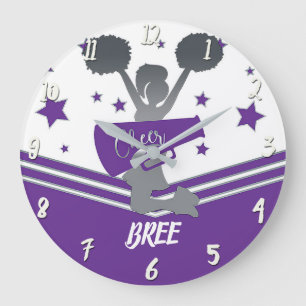 Purple & White Stars Cheer Cheer-leading Girls Große Wanduhr