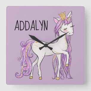 Purple White Unicorn Tiara Quadratische Wanduhr