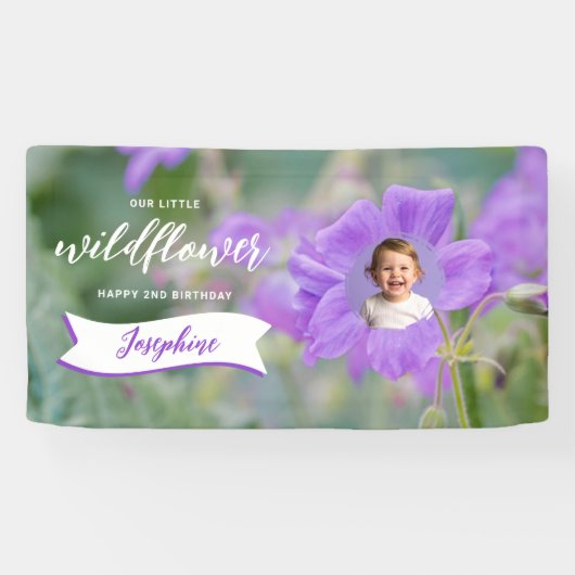 Purple Wildflower Custom Baby Photo Happy Birthday Banner (Horizontal)