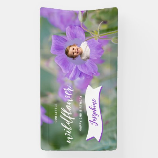 Purple Wildflower Custom Baby Photo Happy Birthday Banner (Vertikal)