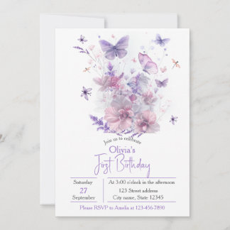 Purple Wildflowers Butterfly Girl's 1st Birthday  Einladung