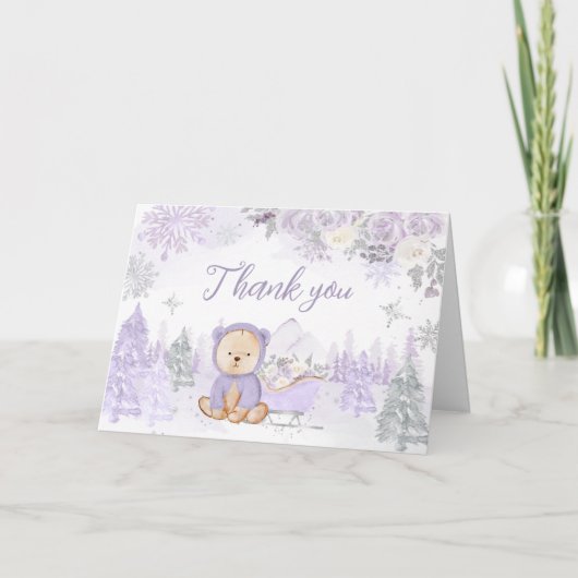 Purple Winter Bear Baby Shower Dankeskarte (Vorderseite)