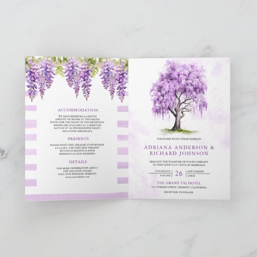 Purple Wisteria Floral Tree QR Code Wedding Einladung (Innenseite)
