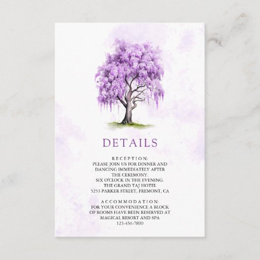 Purple Wisteria Floral Tree Wedding Details Begleitkarte (Vorderseite)