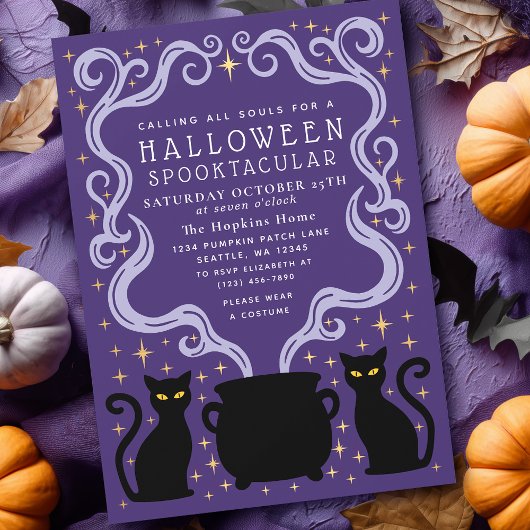 Purple Witchy Black Cat Cauldron Halloween Party Einladung