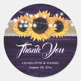 Purple Wood Burlap Lace Sunflower Wedding Runder Aufkleber