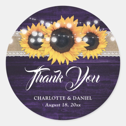 Purple Wood Burlap Lace Sunflower Wedding Runder Aufkleber (Vorderseite)