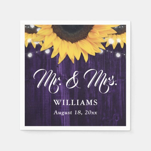 Purple Wood String Lights Sunflower Wedding Serviette (Vorderseite)
