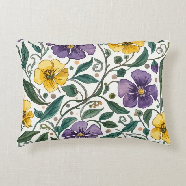 Purple Yellow Flowers Pattern, Modern,Elegant Dekokissen (Vorderseite)