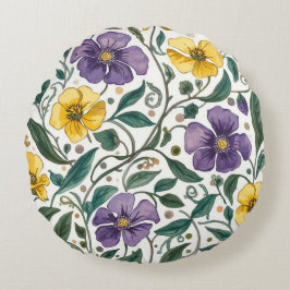 Purple Yellow Flowers Pattern, Modern,Elegant Rundes Kissen