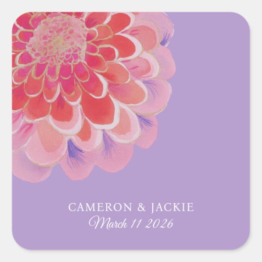 Purple Zinnia Summer Wedding Quadratischer Aufkleber (Vorderseite)