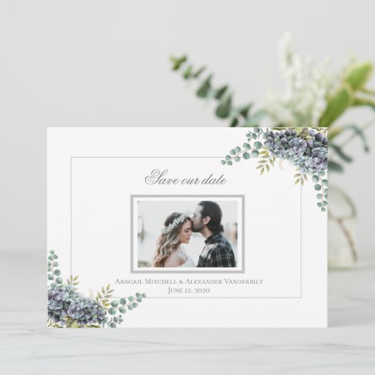 Purplish Hydrangeas Eucalyptus-Foto Save the Date (Stehend Vorderseite)