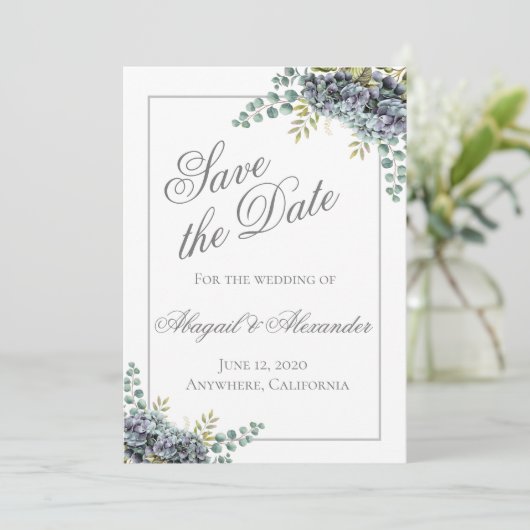 Purplish Hydrangeas Eucalyptus Save the Date Card (Stehend Vorderseite)