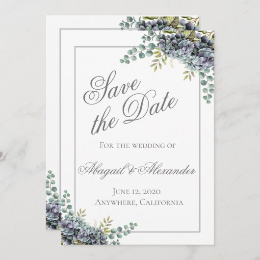 Purplish Hydrangeas Eucalyptus Save the Date Card (Vorne/Hinten)