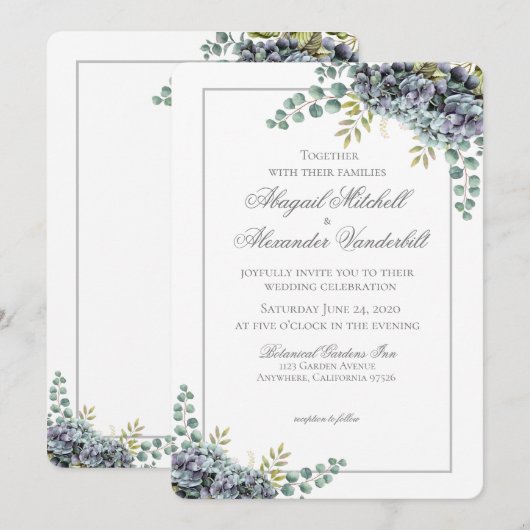 Purplish Hydrangeas Eucalyptus Wedding Einladung (Vorne/Hinten)