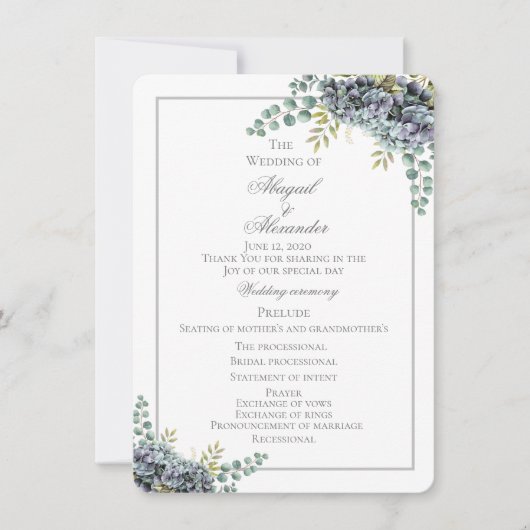 Purplish Hydrangeas Eucalyptus Wedding Program Car (Vorderseite)