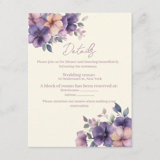 Purpur, rosa Blume auf der Hochzeitskarte Begleitkarte (Vorderseite)