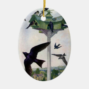 Purpur-Schwalben und ihr Vogelhaus Keramikornament