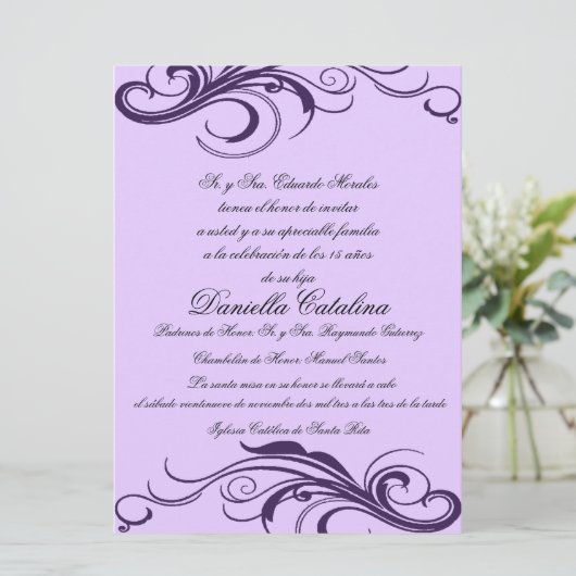 Púrpura Invitaciones de Quinceanera Einladung (Stehend Vorderseite)