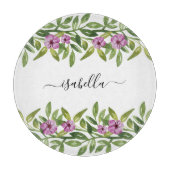 Purpurblumen, Grünpflanzen und Typografie-Quelle Schneidebrett (Vorderseite)