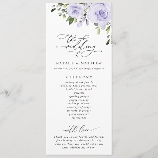 Purpurblumen, Lilac-Blume, Hochzeitsprogramm Programm (Vorderseite)