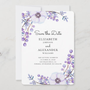 Purpurblumen Save the Date. Botanische Hochzeit Einladung