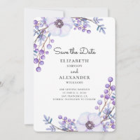 Purpurblumen Save the Date. Botanische Hochzeit